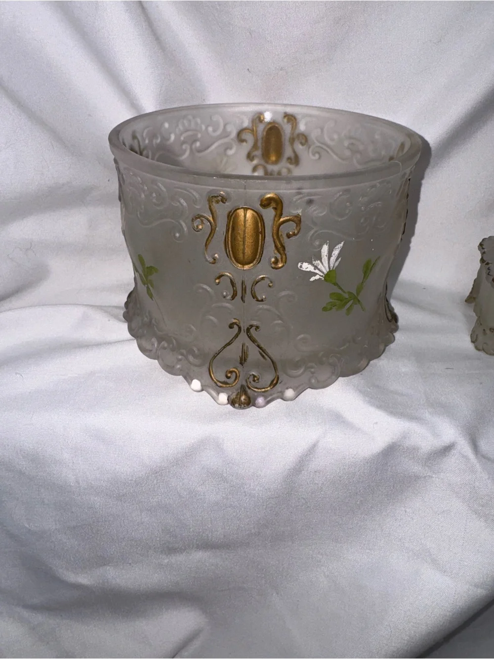 Antique hand painted glass dresser jar set
